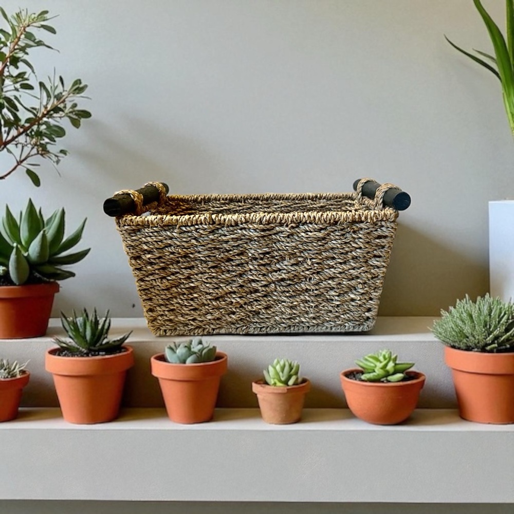 Natural Woven Basket with Black Handles